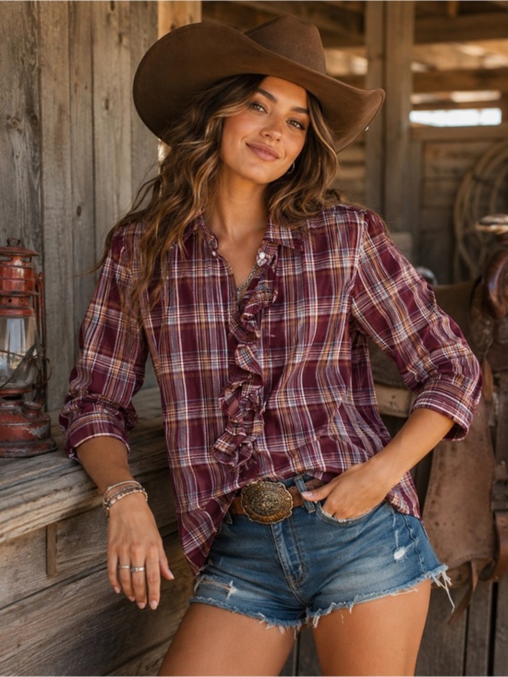 Bila Pearl Snap Plaid Ruffle Shirt Western Cowgirl Top Size Medium 100% cotton